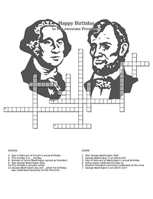 Presidents Day crossword puzzle